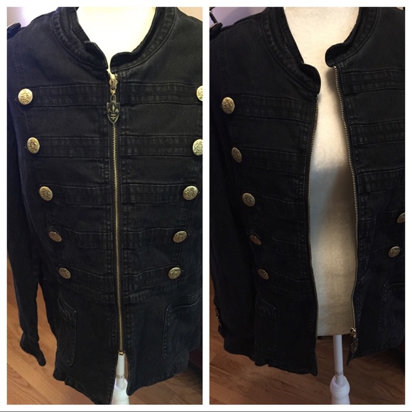 black denim jacket with gold buttons